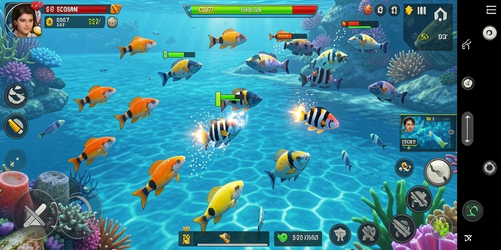 Tampilan gameplay seru dalam C0077 saat menangkap ikan berwarna-warni.