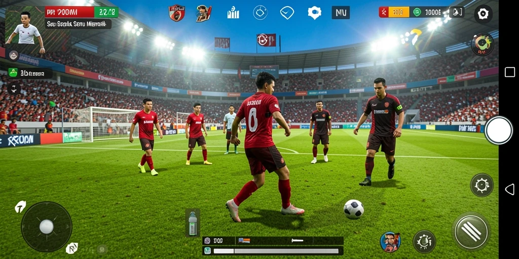 Screenshot gameplay P200M dengan aksi pertandingan sepak bola yang seru.